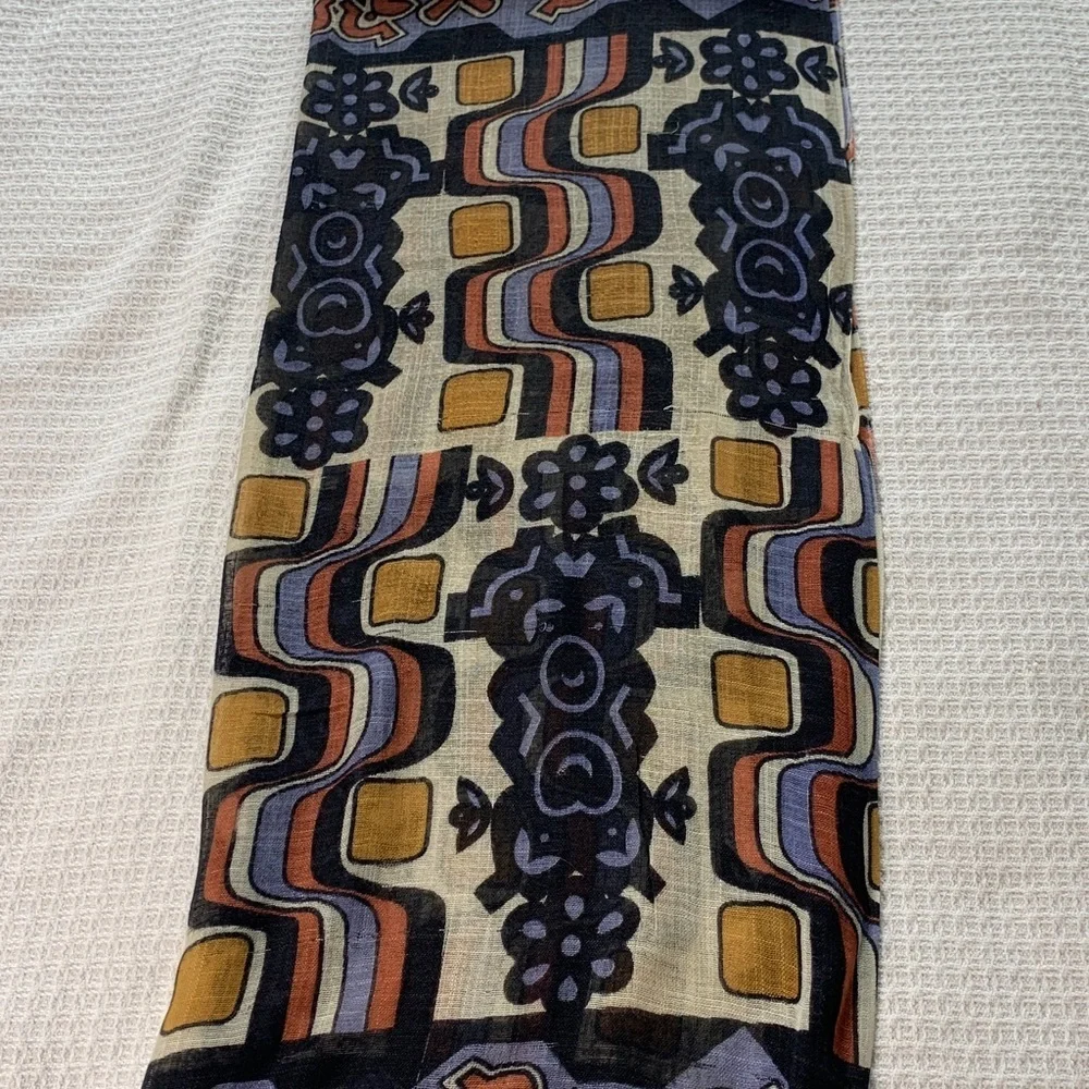 J McLaughlin tribal print scarf black, cream, yellow, blue, and rust